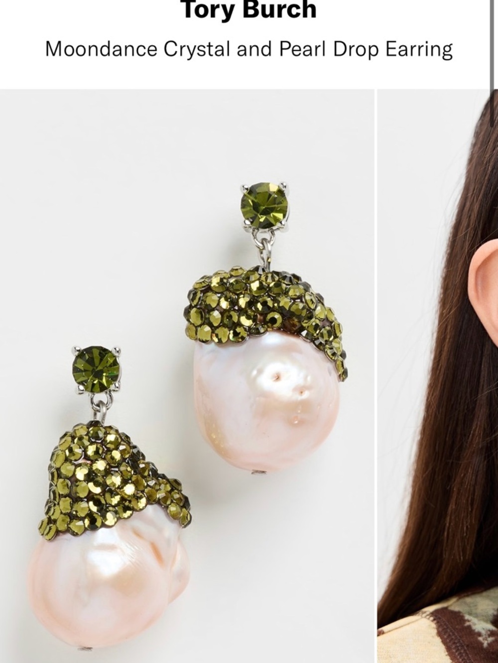 New Tory Burch Olive Crystal Pearl Drop Earrings